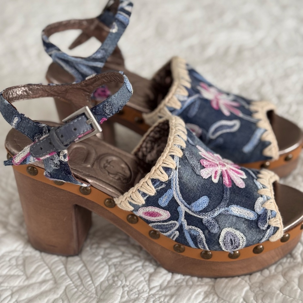MOU Embroidered Denim Clogs
